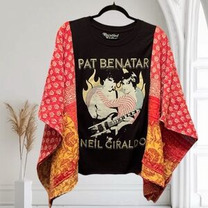 PAT BENATAR BAND T Poncho Kantha Handmade One Of a Kind Upcycled Boho pockets